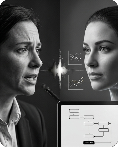 A client explaining her situation by voice to the AI assistant, which turns it into a structured action plan