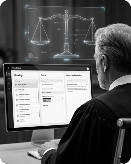 A judge reviewing a digital court-view dashboard of hearings, briefs and case documents on screen