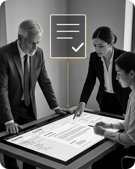 A senior lawyer and two colleagues reviewing a shared case file together around a table